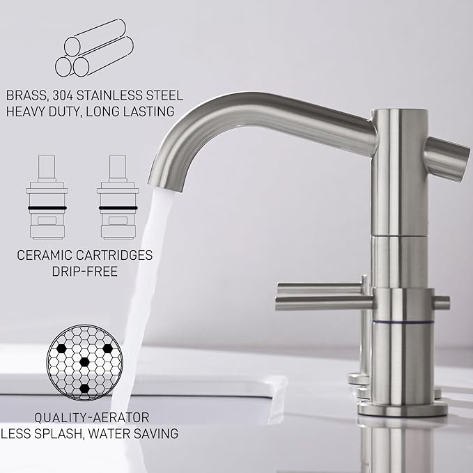 8" Widespread Brushed Nickel Bathroom Faucet | 2-Handle 3-Hole Brass Sink Faucet with 360° Swivel Spout, Metal Drain & DOE 2.2GPM (cUPC Waterline)