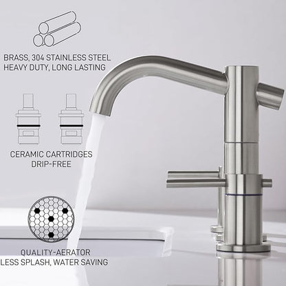 8" Widespread Brushed Nickel Bathroom Faucet | 2-Handle 3-Hole Brass Sink Faucet with 360° Swivel Spout, Metal Drain & DOE 2.2GPM (cUPC Waterline)
