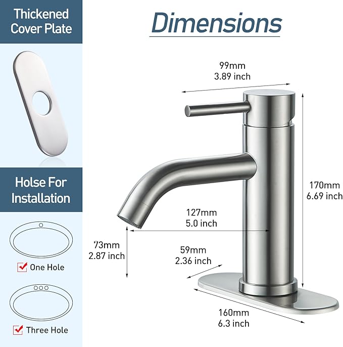 Bathroom Faucets One Hole Modern Sink Faucet Brushed Nickel, Single Handle Rv Bathroom Faucet with 3 Hole Deck Plate, Water Supply Lines