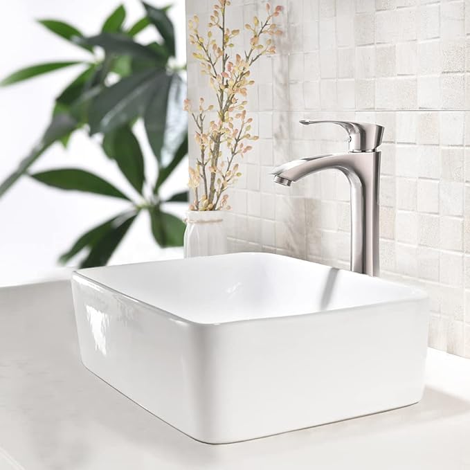 16 Inch White Vessel Sink,16x12 Bathroom Sink Rectangular Above Counter White Vessel Vanity Sink Porcelain Ceramic Countertop Bathroom Vessel Sink Art Basin with Faucet and Drain Combo