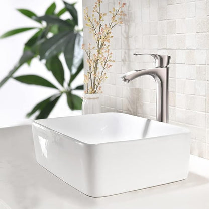 16 Inch White Vessel Sink,16x12 Bathroom Sink Rectangular Above Counter White Vessel Vanity Sink Porcelain Ceramic Countertop Bathroom Vessel Sink Art Basin with Faucet and Drain Combo