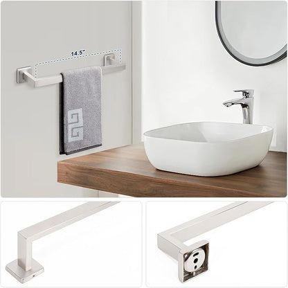 NearMoon 5 Pieces Bathroom Hardware Set 304 Stainless Steel - Square Towel Rack Set Include 16" Towel Rod + Towel Ring + Toilet Paper Holder + 2 Robe Towel Hooks Bathroom Accessories (Brushed Nickel)
