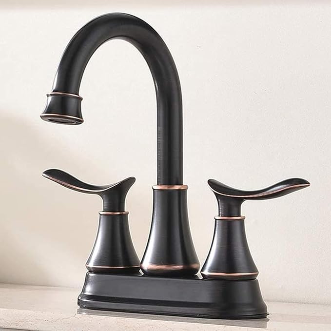 KINGO Bathroom Faucets for Sink 3 Hole, 2 Handle 4 inch Oil Rubbed Bronze Bathroom Sink Faucet with Pop-up Drain and Supply Hoses, Stainless Steel Lead-Free Centerset Faucets for Vanity RV, 2 Pack