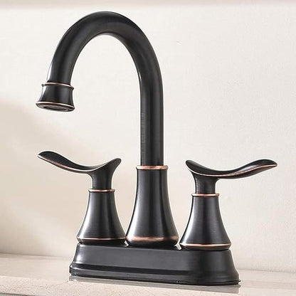 KINGO Bathroom Faucets for Sink 3 Hole, 2 Handle 4 inch Oil Rubbed Bronze Bathroom Sink Faucet with Pop-up Drain and Supply Hoses, Stainless Steel Lead-Free Centerset Faucets for Vanity RV, 2 Pack