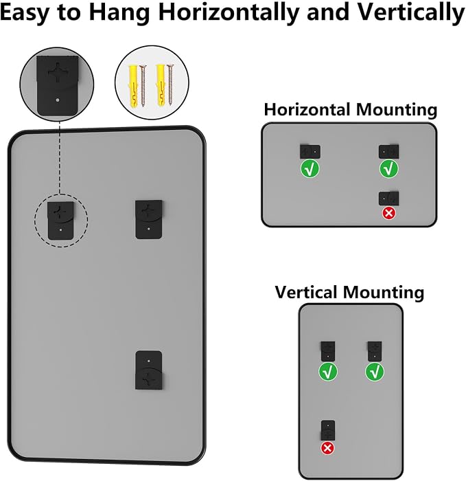 Koonmi Bathroom Mirror, 30X50 Brushed Black Rectangle Wall Mirror, HD Tempered Glass, Anti-Rust Frame Vanity Mirror, Rounded Rectangle Mirror for Restroom, Bedroom, Hangs Horizontal or Vertical