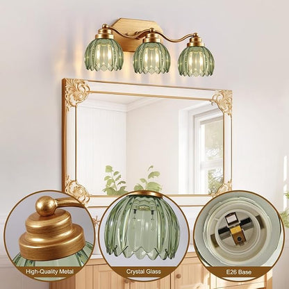 Gold Vanity Light, Vintage Tulip Green Glass Shade, Antique Brass Finish | 3 Light Brushed Gold Bathroom Light Fixtures, Crystal Wall Sconce, Mounted Over Mirror for Bedroom Hallway, Easy to Install