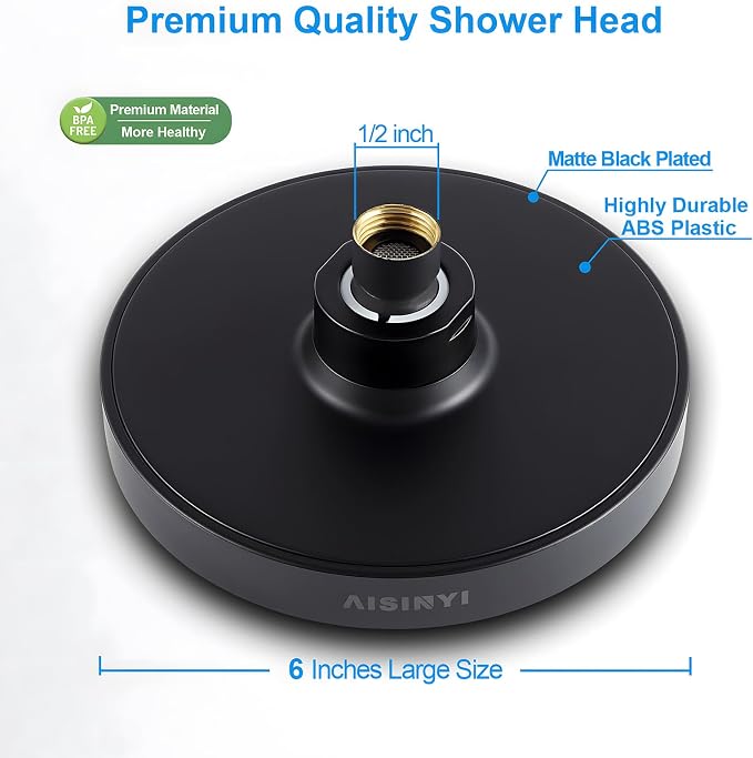 6" High Pressure Rain Shower Head, Luxury Matte Black Finish | 6 Inch Fixed Bathroom Showerhead, Adjustable Replacement, 90 Anti-Clog Nozzles, Removable Restrictor, Tool-Free Easy Install