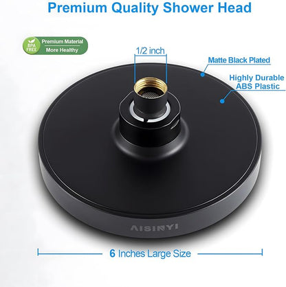 6" High Pressure Rain Shower Head, Luxury Matte Black Finish | 6 Inch Fixed Bathroom Showerhead, Adjustable Replacement, 90 Anti-Clog Nozzles, Removable Restrictor, Tool-Free Easy Install