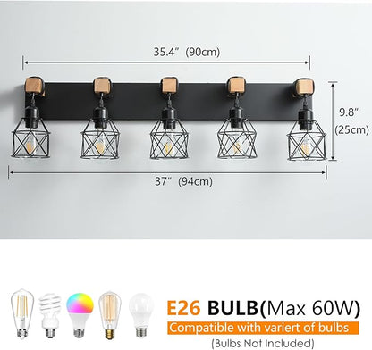 Farmhouse Vanity Light Fixture,5-Light Bathroom Lighting,Black Industrial Wood Wall Light Over Mirror with Metal Shade,LED Bulbs Not Included