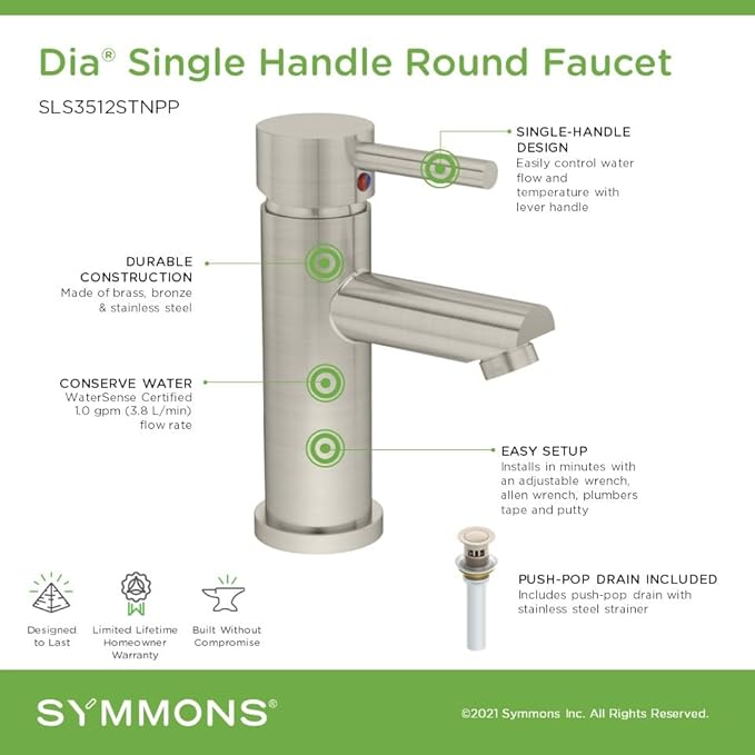 Symmons Dia Single-Hole Single-Handle Bathroom Faucet with Push Pop Drain in Satin Nickel (1.0 GPM)