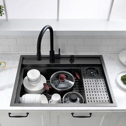 30 Inch Black Drop In Kitchen Sink Workstation with Glass Rinser -VOKIM 30x22 Drop In sink Workstation Stainless Steel 16 Gauge Deep Single Bowl Kitchen Sink