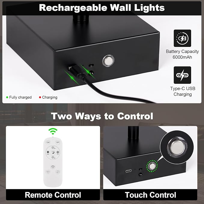 Wall Sconces Set of Two with Remote Control, 39.4 in Dimmable Black Battery Operated Wall Lights, 350° Ratation 3000K-6000K LED Wireless Rechargeable Sconce for Bathroom, Living Room, Bedroom