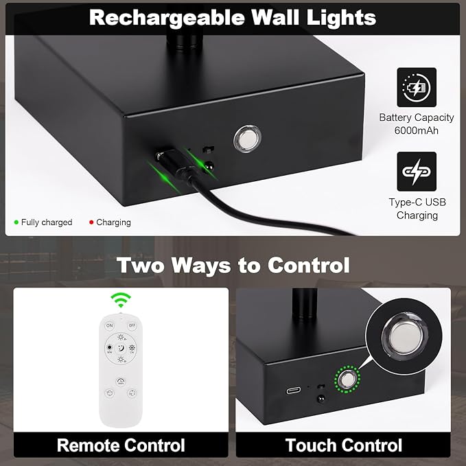 Battery Operated Wall Sconce, 3000K-6000K Dimmable Black Wall Lights with Remote Control, Timable LED Wireless Wall Sconces, 350° Ratate for Bathroom, Living Room, Hallway 39.4 Inch 1 Pack