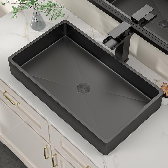 Dcolora 24 In. Black Drop In Bathroom Vessel Sink, 16 Gauge Stainless Steel, Rectangle Design with Drain Assembly, 14"D x 24"W x 4"H #DC-VS261205