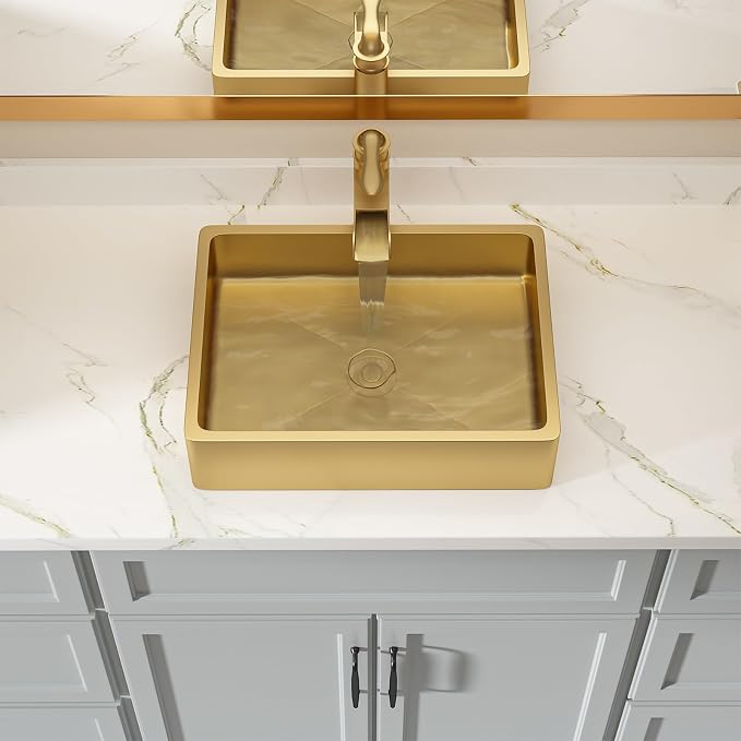 Lordear Stainless Steel Vessel Sink 16"x12" Gold Bathroom Vanity Sink | Gold Bathroom Vanity Sink Rectangular Above Couter Art Basin 4'' deep