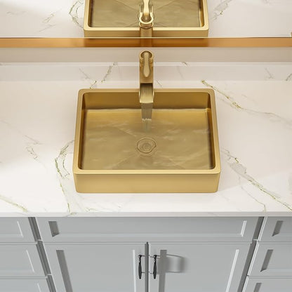 Lordear Stainless Steel Vessel Sink 16"x12" Gold Bathroom Vanity Sink | Gold Bathroom Vanity Sink Rectangular Above Couter Art Basin 4'' deep