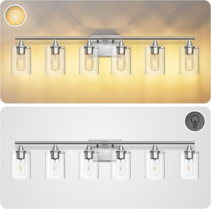 6-Light Bathroom Lighting Fixtures Over Mirror,Brushed Nickel Light Fixture Bathroom,Vanity Light with Clear Glass Shade,Modern Wall Lights for Mirror Bedroom Living Hallway
