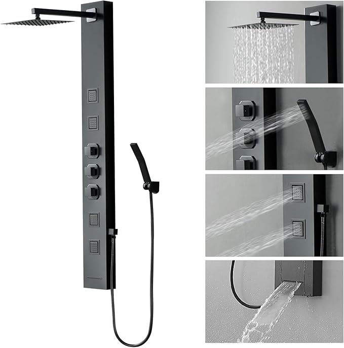 Homevacious Shower Panel Tower System,Stainless Steel Bathroom Stand Up Shower Kit,Wall-Mount Shower Panels with Rainfall Shower Head,4 Massage Body Jets,Tub Spout and Handheld Shower,Matte Black