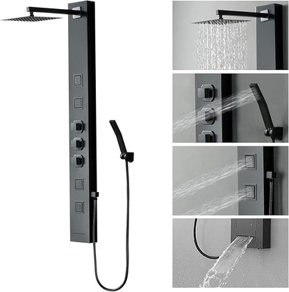 Homevacious Shower Panel Tower System,Stainless Steel Bathroom Stand Up Shower Kit,Wall-Mount Shower Panels with Rainfall Shower Head,4 Massage Body Jets,Tub Spout and Handheld Shower,Matte Black