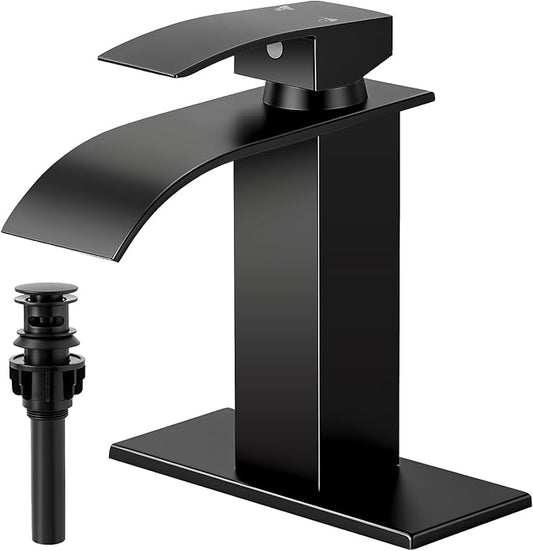 Matte Black Bathroom Faucets, Waterfall Bathroom Sink Faucet Single Handle Bathroom Faucet for 1 or 3 Hole, Mixer Tap Vanity Faucet with Deck Plate, Pop-up Drain and Supply Hoses