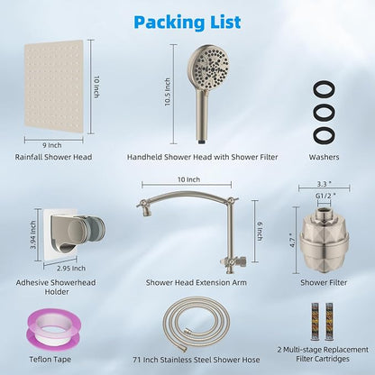 Hibbent 10" Dual Filtered Shower Head, 10-spray Handheld, Brushed Nickel | All Metal High Pressure Rainfall Shower Head Combo with Filter, 16" Extension Arm, 3-way Diverter, 71" Hose & Shower Holder