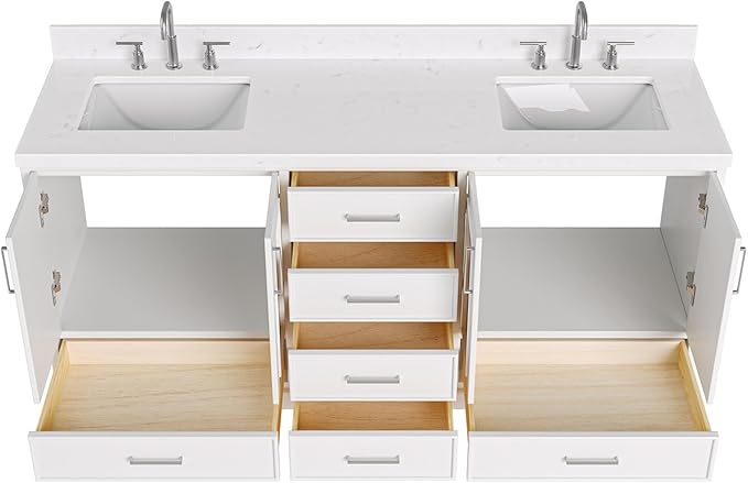 ARIEL Stafford 72-inch Bathroom Vanity with Sink,Solid Wood, 1.5-inch Carrara White Quartz Countertop, Double Rectangular Porcelain Sink, 4 Soft Closing Doors, 6 Dovetail Drawers, White
