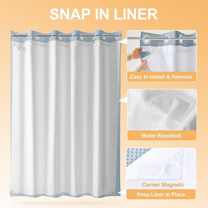 River Dream Cotton Blend No Hook Shower Curtain with Liner, Blue, 71x74 | with Snap in Liner, Heavyweight Waffle Fabric, Hotel Grade for Bathroom, Water Repellent, Corner Magnets, Machine Washable