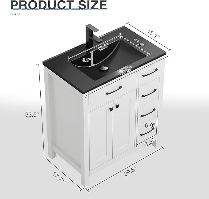 LUCKWIND 30" Modern Bathroom Vanity with Black Sink, Painted Storage Cabinet with Undermounted Black Sink, Two Doors and Three Drawers, Include Faucet Without Mirror, White