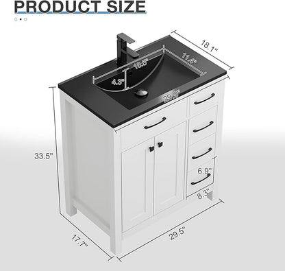LUCKWIND 30" Modern Bathroom Vanity with Black Sink, Painted Storage Cabinet with Undermounted Black Sink, Two Doors and Three Drawers, Include Faucet Without Mirror, White