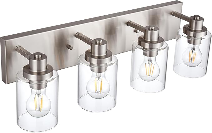 4 Light Vanity Light Brushed Nickel Bathroom Lighting Fixtures Over Mirror, Modern Bathroom Light with Clear Glass Shade, Farmhouse Vanity Lights