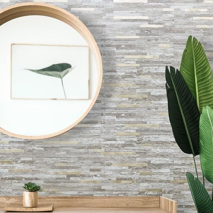 DICOFUN 1 Sheet Peel and Stick Backsplash Tile, Brown Birch Wood Look PVC Mixed Metal Gold Stick on Backsplash Tiles for Kitchen