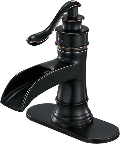BWE Waterfall Bathroom Faucet Oil Rubbed Bronze Single-Handle One Hole Sink Faucet Farmhouse Bath Vanity Lavatory Restroom Faucets Antique