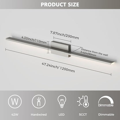 JUSHENG Brushed Nickel Modern LED Vanity Lights for Bathroom Light Fixtures, 47.24 Inch 42W 5CCT Dimmable Vanity Light Bar Bathroom Lighting