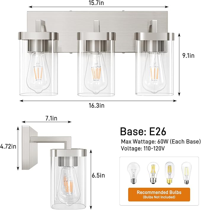 3-Light Bathroom Lighting Fixtures over Mirror, Brushed Nickel Vanity Lights with Square Transparent Glass Shade. Modern Bathroom Vanity Light for Mirror Kitchen, Living Room, Gallery, Hallway