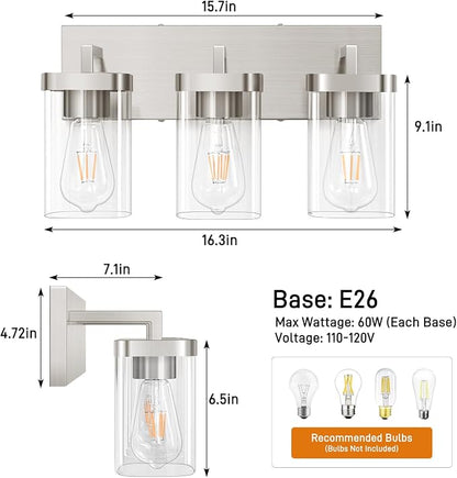 3-Light Bathroom Lighting Fixtures over Mirror, Brushed Nickel Vanity Lights with Square Transparent Glass Shade. Modern Bathroom Vanity Light for Mirror Kitchen, Living Room, Gallery, Hallway