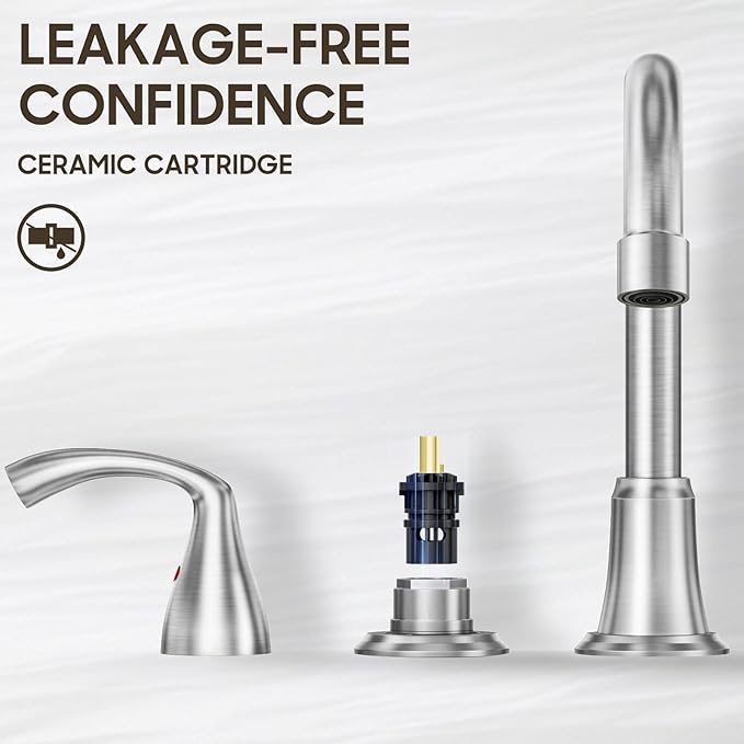 Phiestina 8 Inch Brushed Nickel Widespread Bathroom Sink Faucet, 2 Handle 3 Hole Bathroom Faucet with Metal Pop up Drain and Water Supply Lines, WFJC180-BN