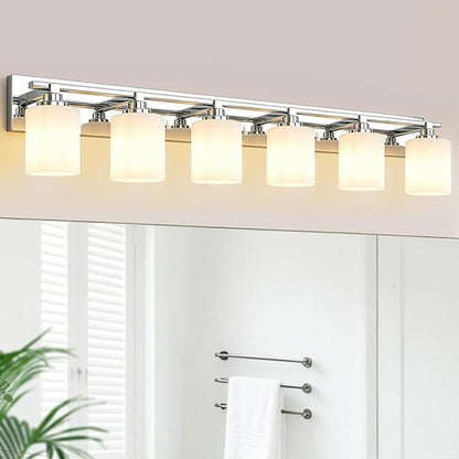 Modern Bathroom Lighting Fixtures Over Mirror, Vanity Lights for Bathroom, Wall Sconces with Milky White Glass Shades, E26 Ceramic Socket, 6-Light 43-inch Chrome