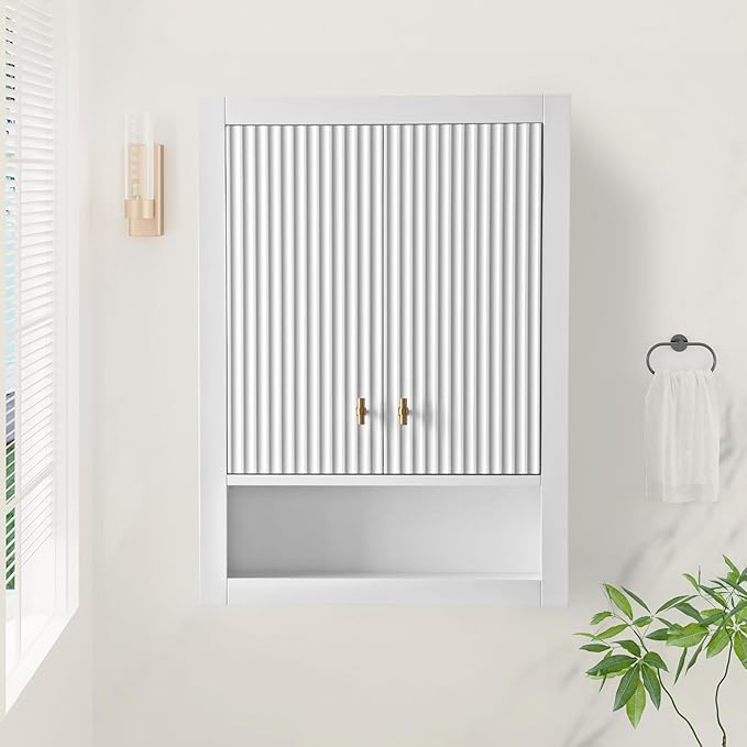 HOMEBEYOND 24 Inches Bathroom Vanity Wall Mount Storage Cabinet & Shelves, Free-Standing Vanity with Soft-Closing Doors, Golden Brushed Handware, White