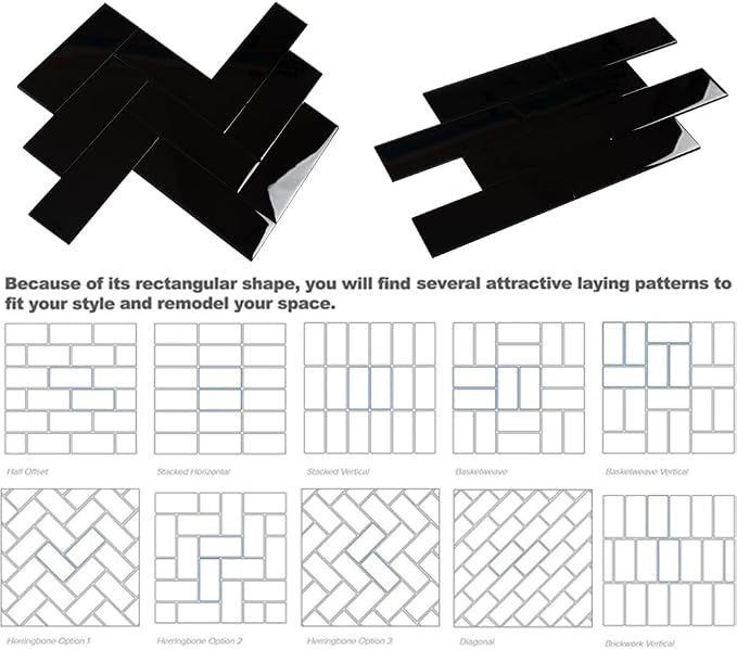 Black Glass Subway Tile 4 x 12 Inch for Kitchen Backsplash Bathroom Shower Wall Pack of 12 Pcs 4 sq.ft
