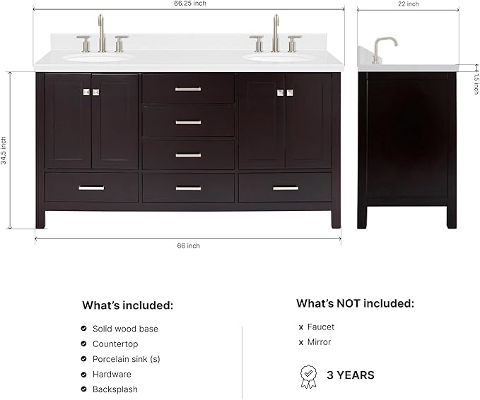 ARIEL Cambridge 66-inch Bathroom Vanity with Sink,Solid Wood, 1.5-inch Carrara White Quartz Countertop & Backsplash, Double Oval Porcelain Sink, 4 Soft Closing Doors, 6 Dovetail Drawers, Espresso
