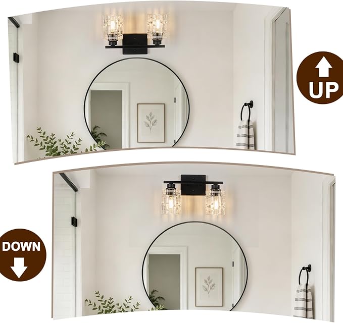 Refice 2-Light Bathroom Vanity Lights Crystal Glass, Black | Bathroom Light Fixtures Vanity Lighting Over Mirror for Living Room Farmhouse, Hallway