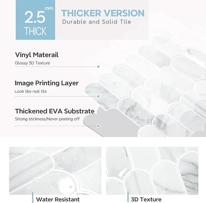 Vamos Tile Peel and Stick Backsplash,Thicker Design, Statuary White,10 pcs | Self Adhesive Vinyl Wall Tiles with White Grout, Stick on Backsplash for Kitchen, Bathroom, RV