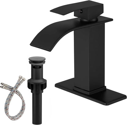 BWE Matte Black Bathroom Faucet Modern Waterfall Single Hole Faucet for Bathroom Sink Single Handle with Pop Up Drain with Overflow Assembly and Supply Line Lavatory Bath Faucet