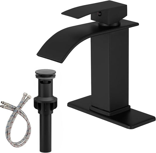 BWE Matte Black Bathroom Faucet Modern Waterfall Single Hole Faucet for Bathroom Sink Single Handle with Pop Up Drain with Overflow Assembly and Supply Line Lavatory Bath Faucet