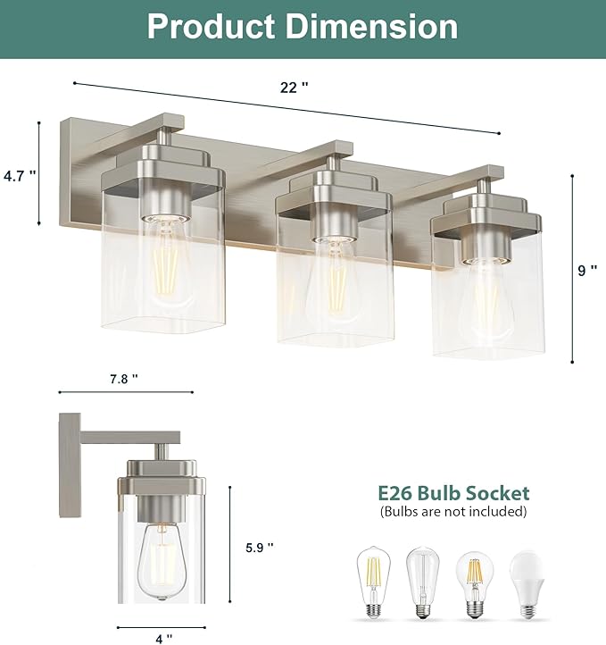 Brushed Nickel Bathroom Light Fixtures, 3 Lights Bathroom Lighting Fixtures Over Mirror, Square Design & Rectangle Large Backplate, Modern Vanity Lighting Fixtures, for Living Room/Bedroom