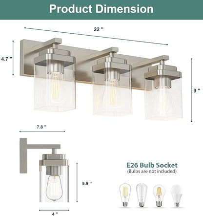 Brushed Nickel Bathroom Light Fixtures, 3 Lights Bathroom Lighting Fixtures Over Mirror, Square Design & Rectangle Large Backplate, Modern Vanity Lighting Fixtures, for Living Room/Bedroom