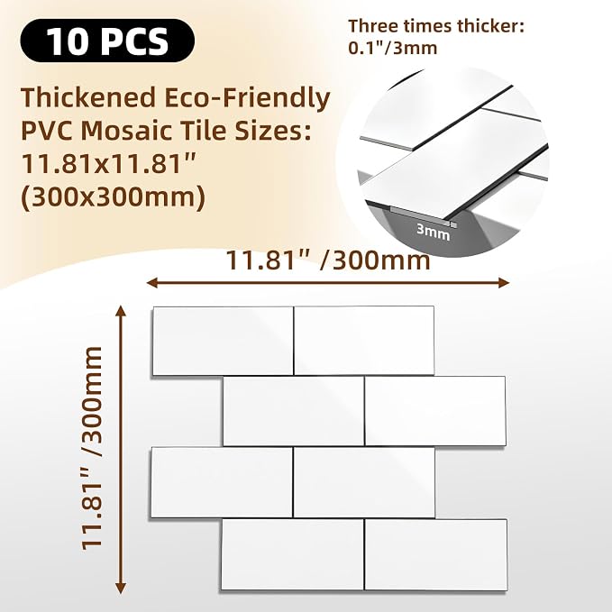 Peel and Stick Backsplash Tile for Kitchen & Bathroom Walls (White, 10 Tiles - 9.7 sq. ft. (0.9 m²))