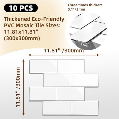 Peel and Stick Backsplash Tile for Kitchen & Bathroom Walls (White, 10 Tiles - 9.7 sq. ft. (0.9 m²))
