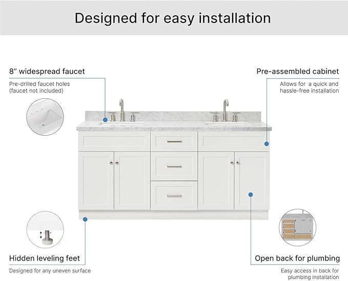 ARIEL Hamlet 72-inch Bathroom Vanity with Sink,Solid Wood, 1.5-inch Italian Carrara Marble Countertop, Double Rectangular Porcelain Sink, 4 Soft Closing Doors, 3 Dovetail Drawers, White