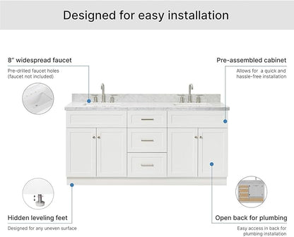 ARIEL Hamlet 72-inch Bathroom Vanity with Sink,Solid Wood, 1.5-inch Italian Carrara Marble Countertop, Double Rectangular Porcelain Sink, 4 Soft Closing Doors, 3 Dovetail Drawers, White